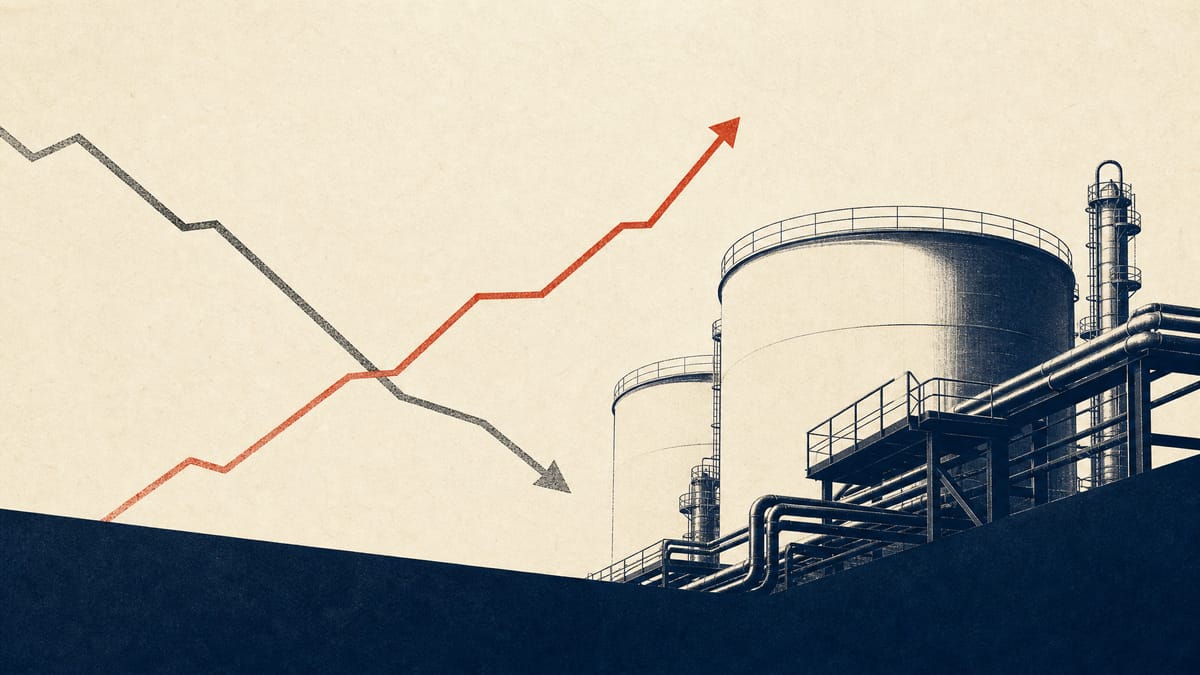 Editorial illustration of refinery storage tanks and piping with abstract financial trend lines.