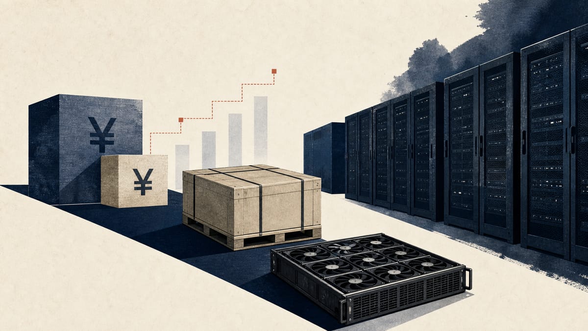 Unbranded GPU server hardware and shipping crates moving toward server racks, with abstract financing blocks in the background.