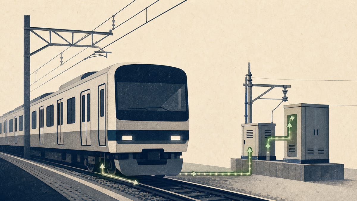 Editorial illustration of a train braking with trackside power equipment to suggest regenerative energy use on a railway network.