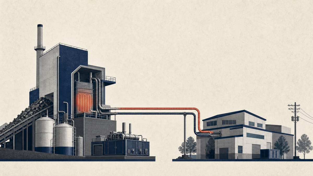 Illustration of a waste treatment facility distributing recovered heat and fuel to nearby industrial users.