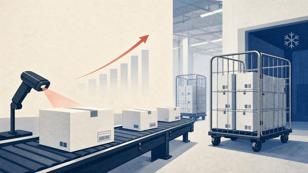 Editorial illustration of a pharmaceutical distribution center with cartons, conveyors and temperature-controlled logistics equipment.