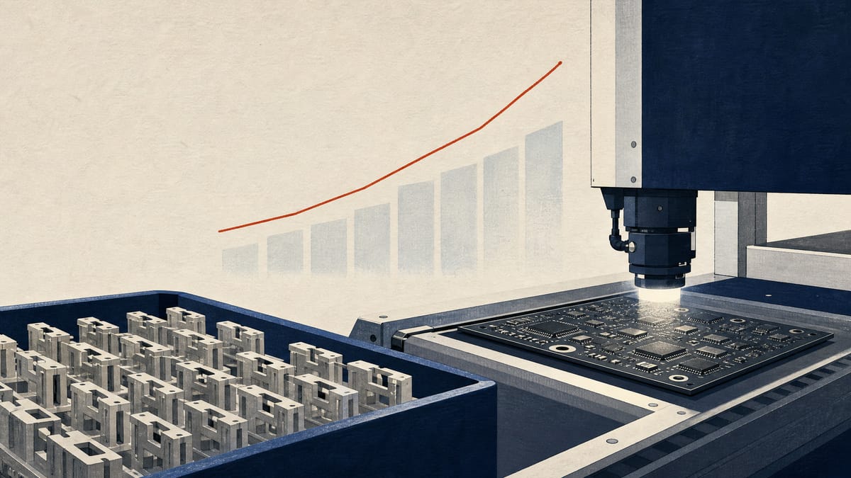 Injection-molded parts and printed circuit boards on a factory production line