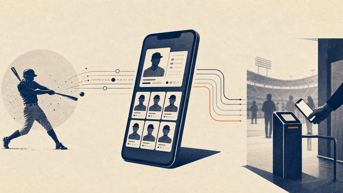 Editorial illustration of a fantasy sports app linked to live sports data and stadium access.