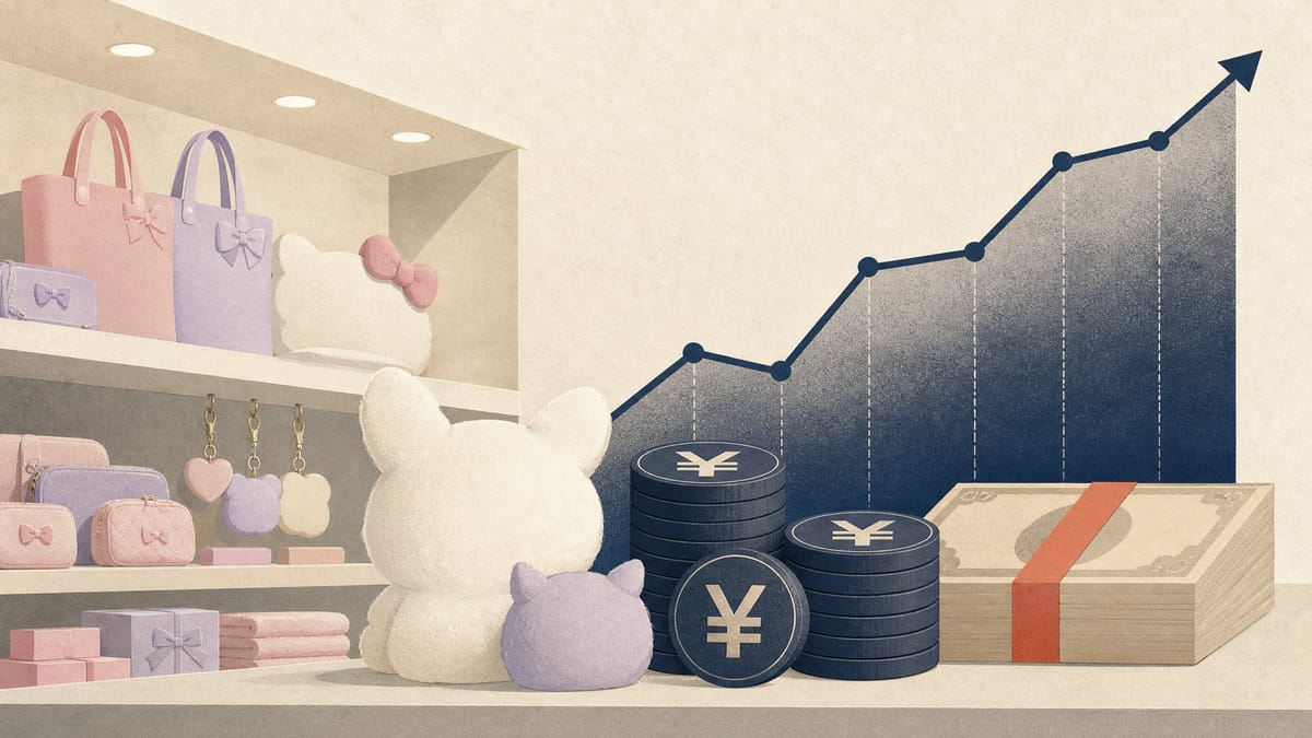 Editorial illustration of gift-shop shelves, rising sales graphics and dividend markers representing Sanrio’s stronger results and higher payout.