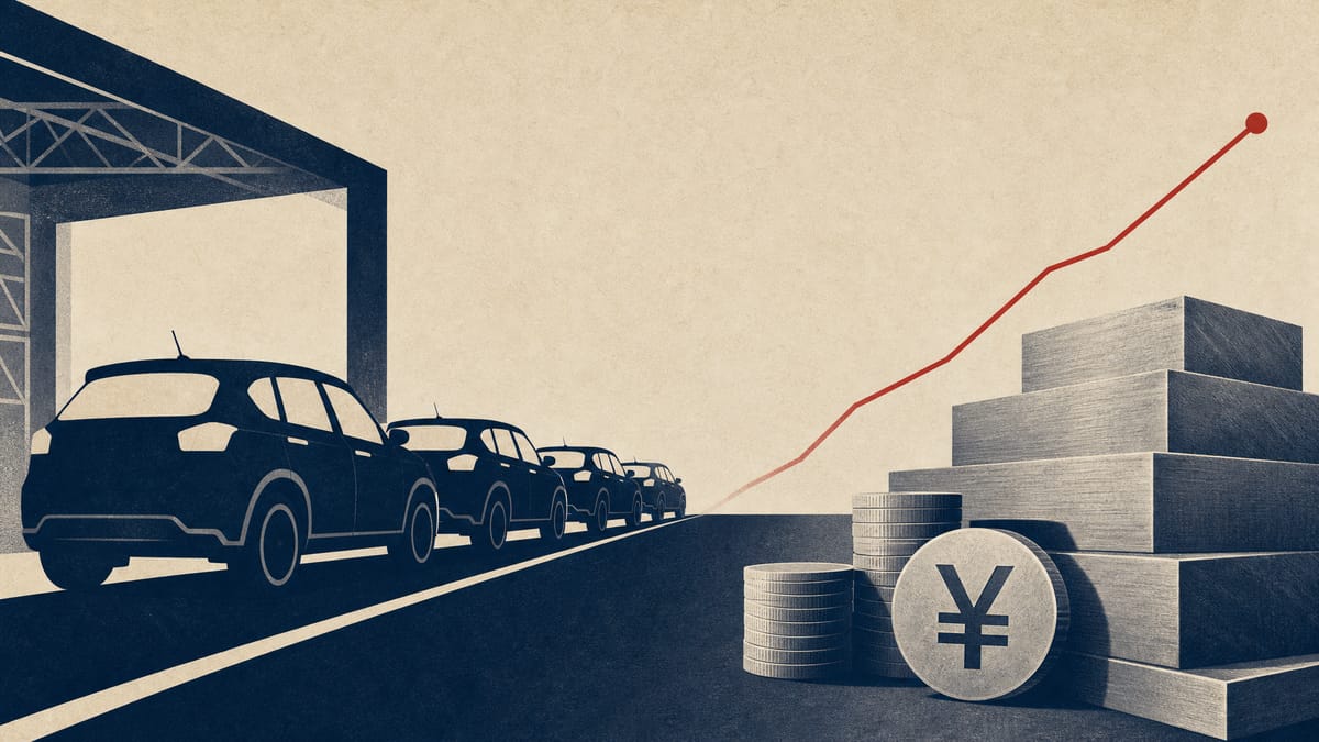 Editorial illustration of unbranded vehicles and abstract balance-sheet blocks with a rising cash-reserve motif.