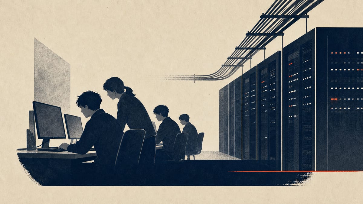 Editorial illustration of software engineers working beside server racks in a modern office.