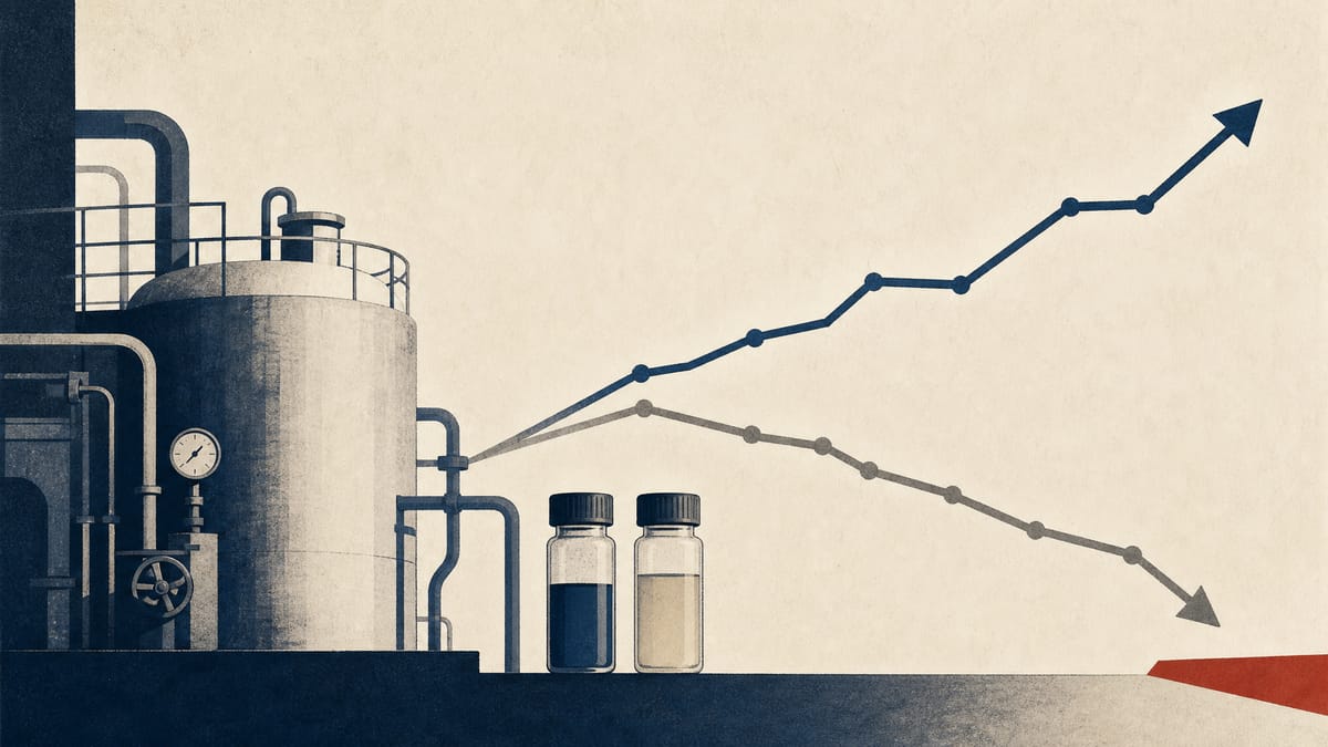 Editorial illustration of a specialty chemical plant with abstract rising and falling performance lines.