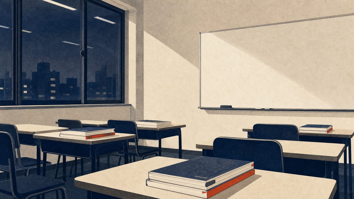 An after-school classroom with rows of desks and exam-preparation books.