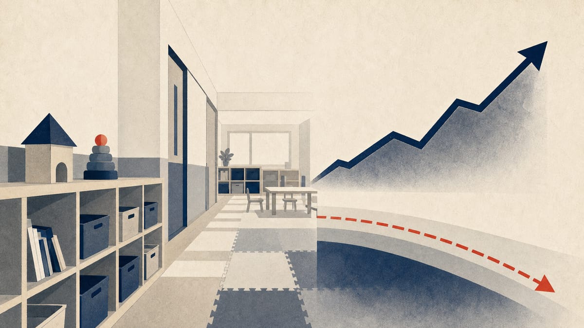 Illustration of a daycare corridor with storage cubbies and abstract charts showing rising sales and narrowing margins.