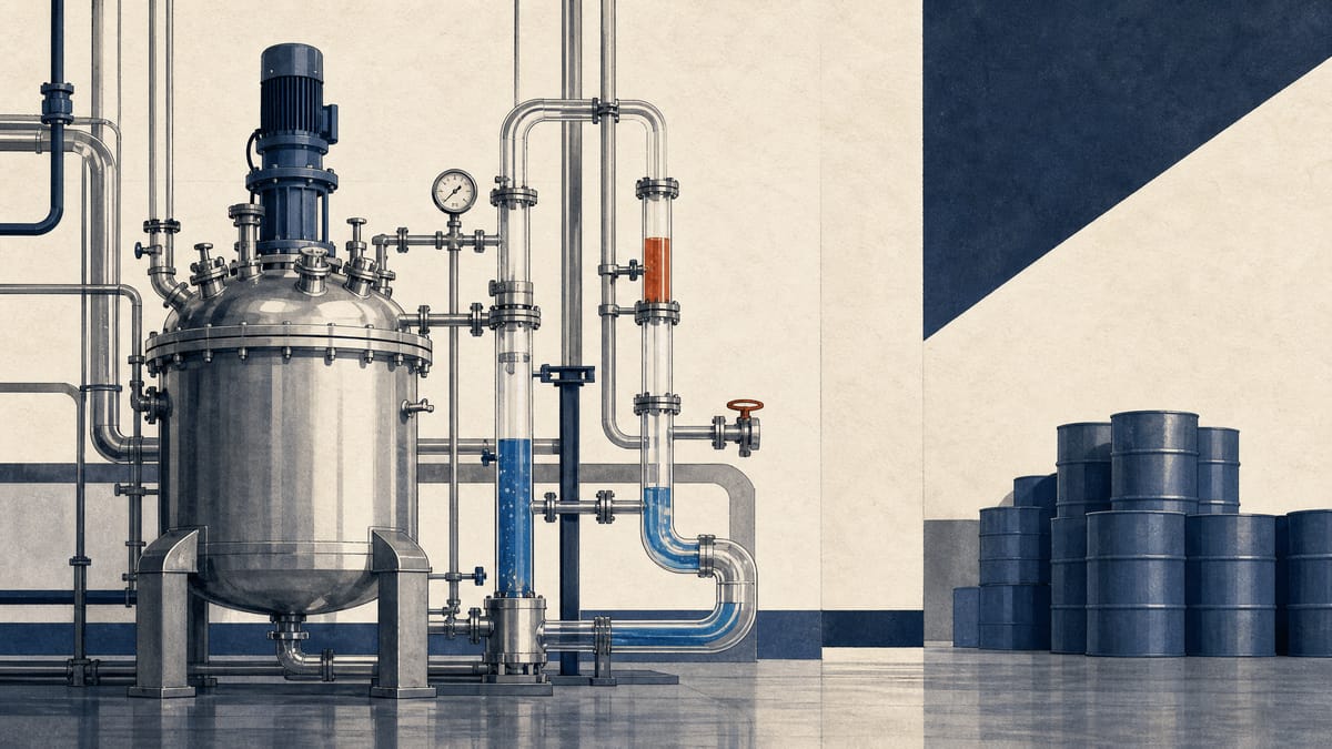 Editorial image of chemical processing equipment and unlabeled industrial drums in a factory.