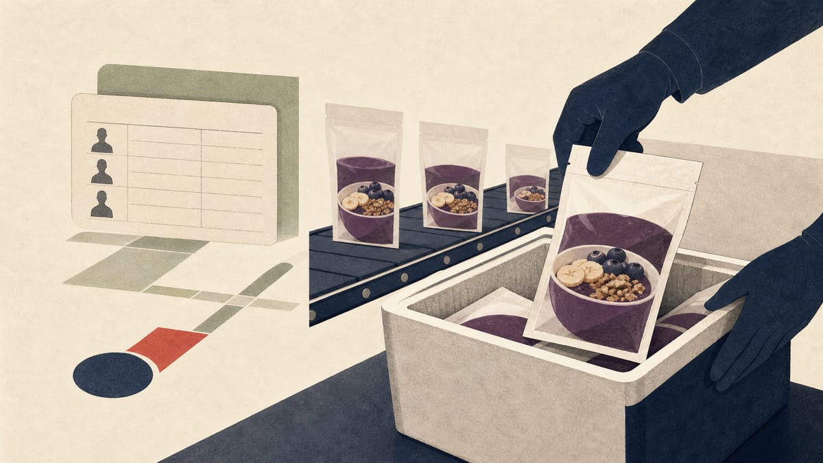 Editorial illustration of frozen product packs being boxed at a chilled fulfilment station with subtle shareholder-reward motifs.