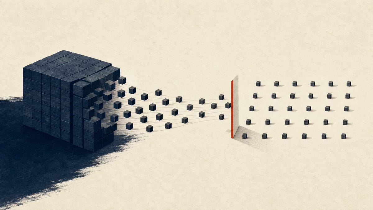 Abstract editorial illustration of shares spreading from a concentrated block into a wider market float.