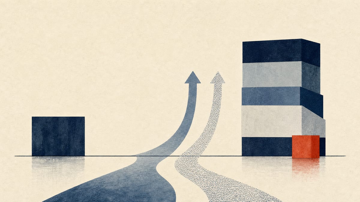 Editorial illustration of a flat sales bar next to rising profit and positive cash flow indicators.