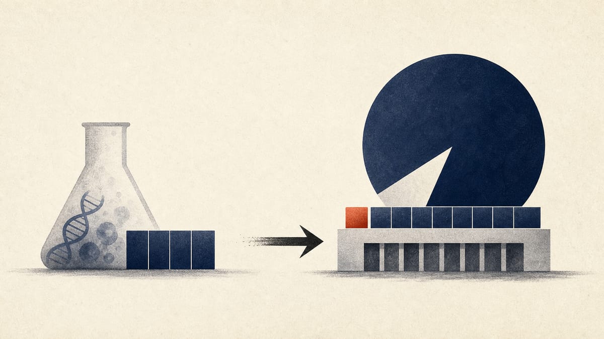 Abstract editorial illustration of shares moving from an acquired company into a subsidiary's shareholder base while a large parent stake remains.