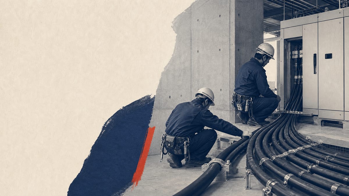 Workers inspecting cables and switchgear at an industrial electrical-construction site.