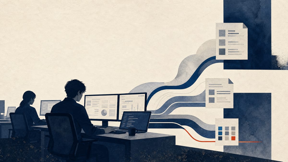 Editorial illustration of software engineers monitoring data and accounting workflows.