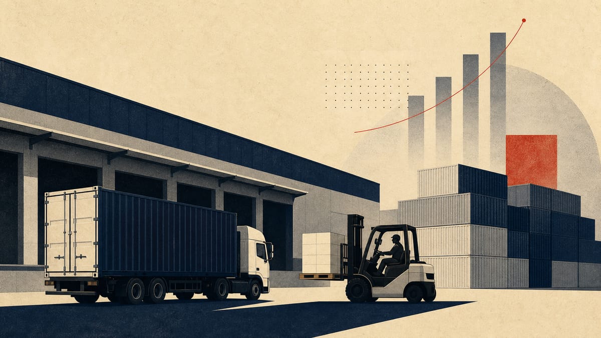 An editorial illustration of a logistics yard with containers, trailers, loading docks and abstract financial data overlays.
