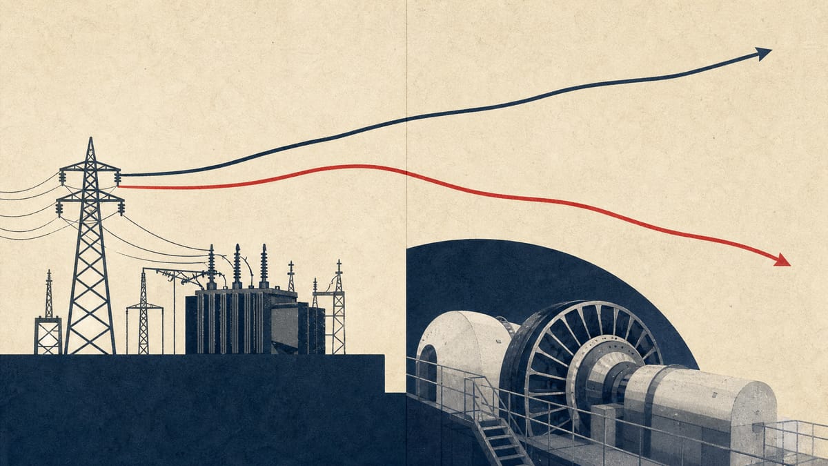 Editorial image of utility infrastructure with abstract revenue, profit and cash-flow lines.