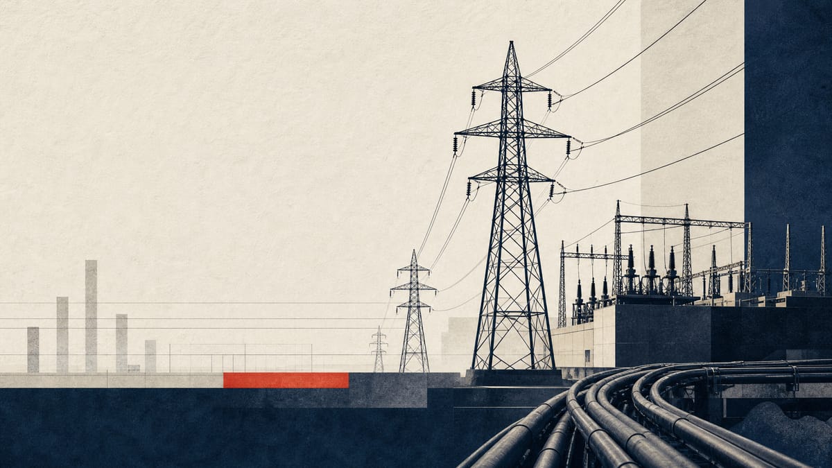 Transmission towers and a power substation with abstract financial data overlays.