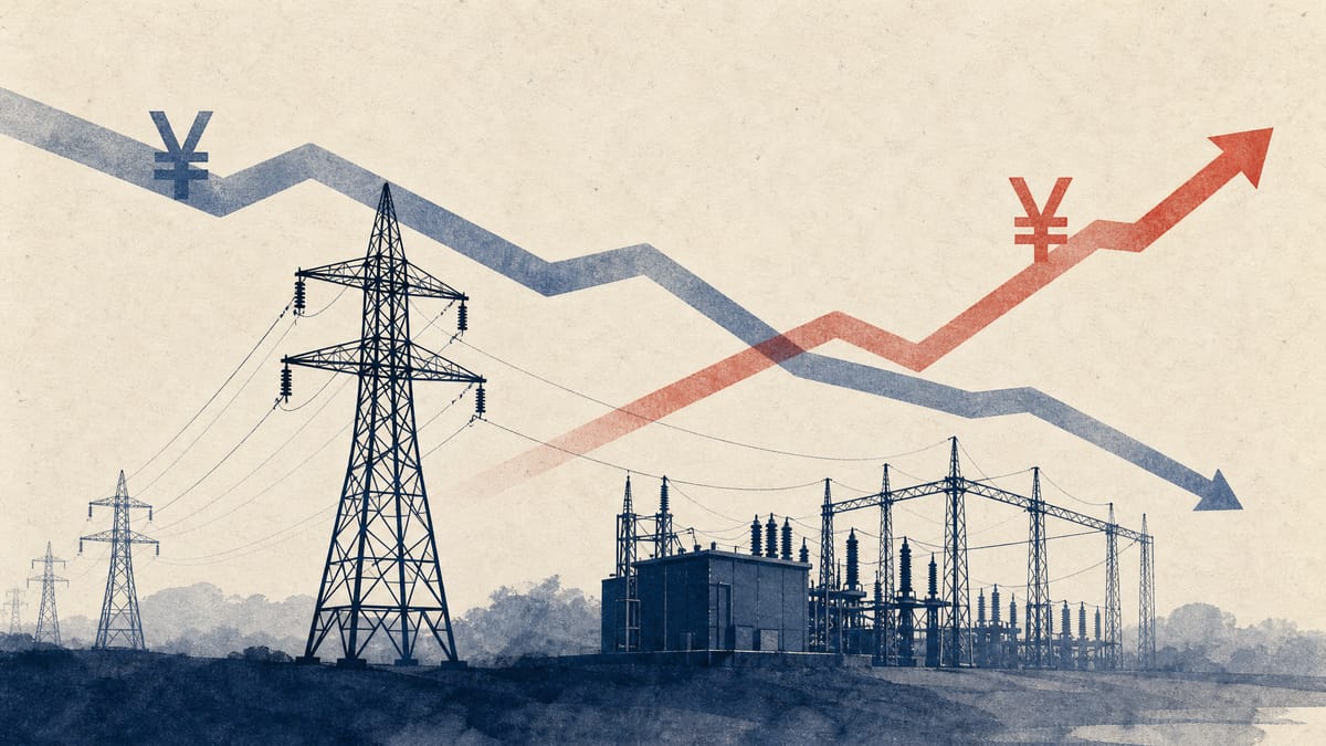 Editorial illustration of power grid infrastructure with abstract revenue and profit lines.