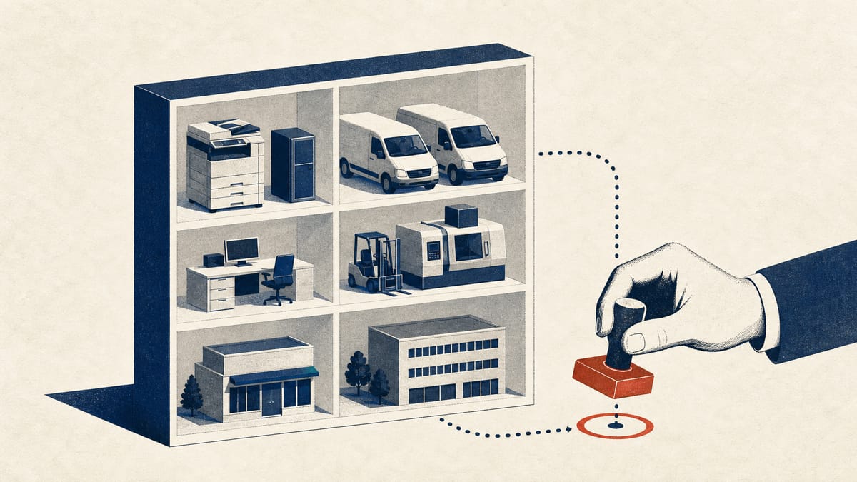Illustration of leased business assets and property blocks flowing into a large balance-sheet grid with control checkpoints.