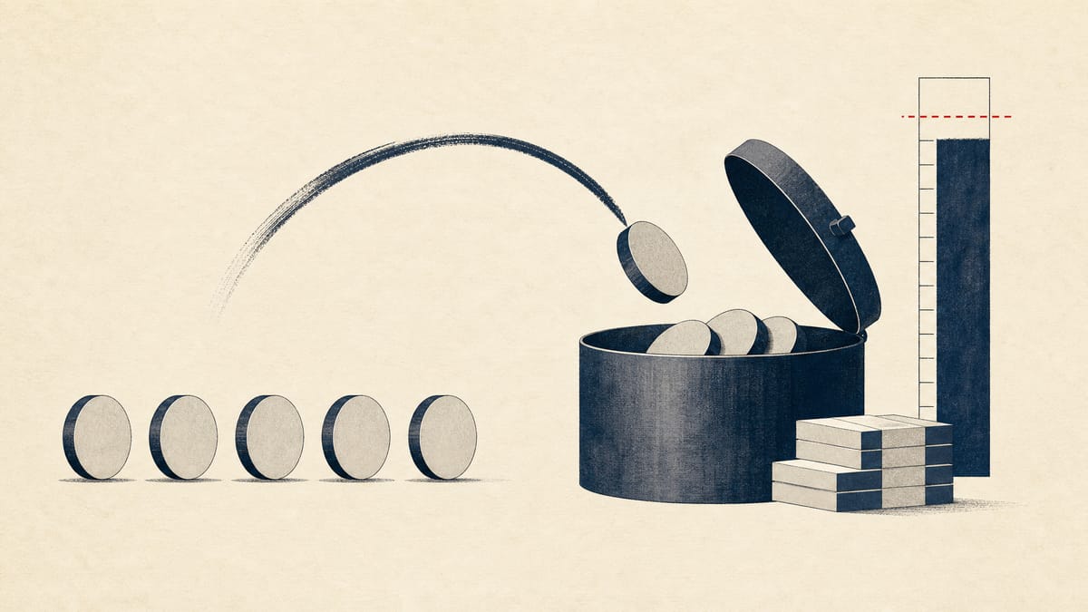 Abstract editorial illustration of share tokens and yen markers flowing into a treasury container to represent a completed buyback.