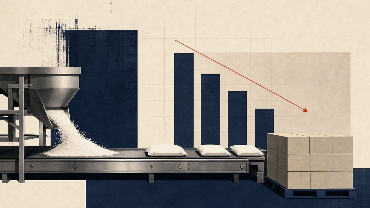 Editorial illustration of sugar processing equipment and warehouse pallets.