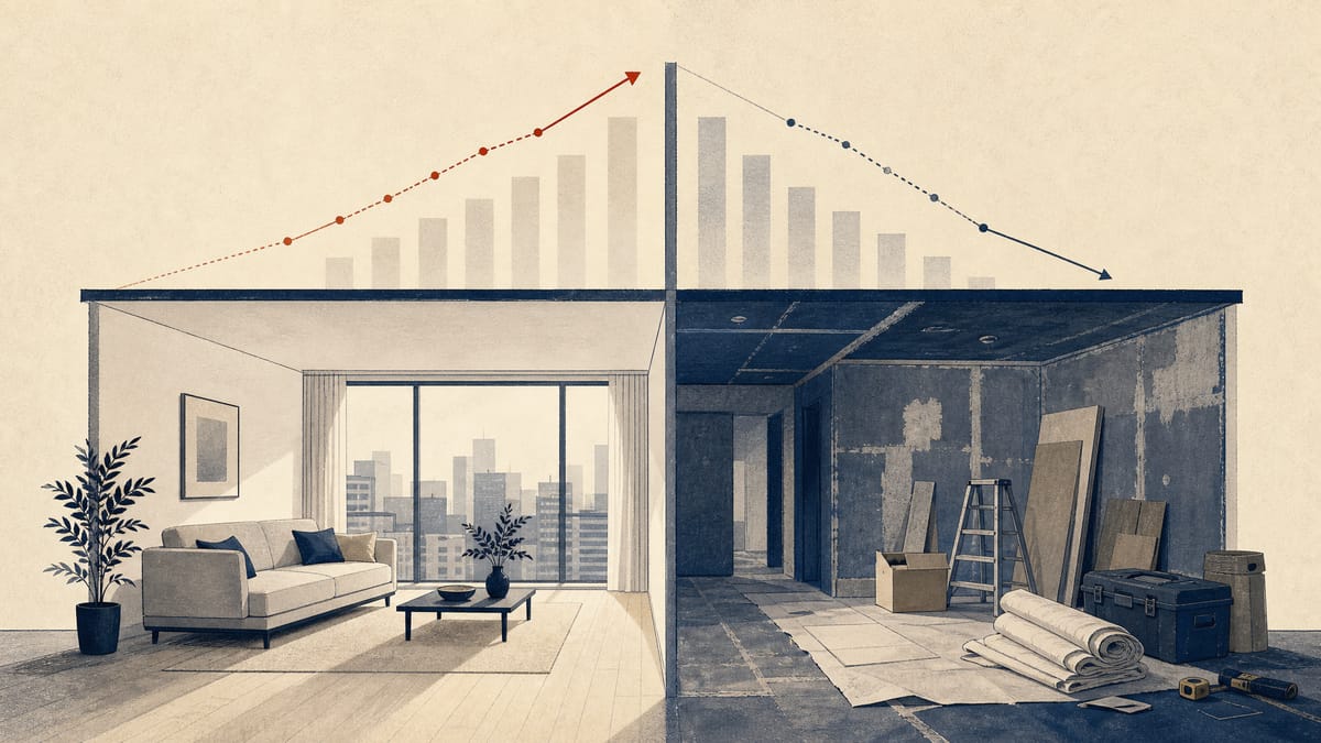 Editorial illustration of a condominium interior partly prepared for sale and partly under renovation, representing brokerage growth and renovation weakness.