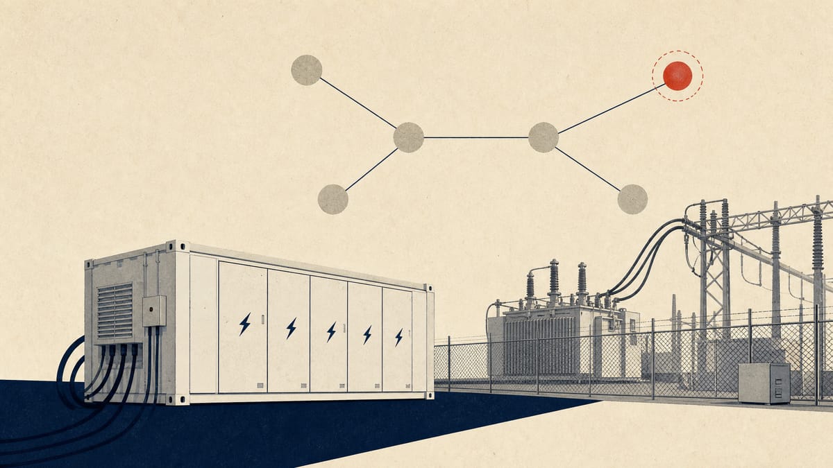 Containerized battery storage units next to substation equipment with an abstract network overlay showing operating status.
