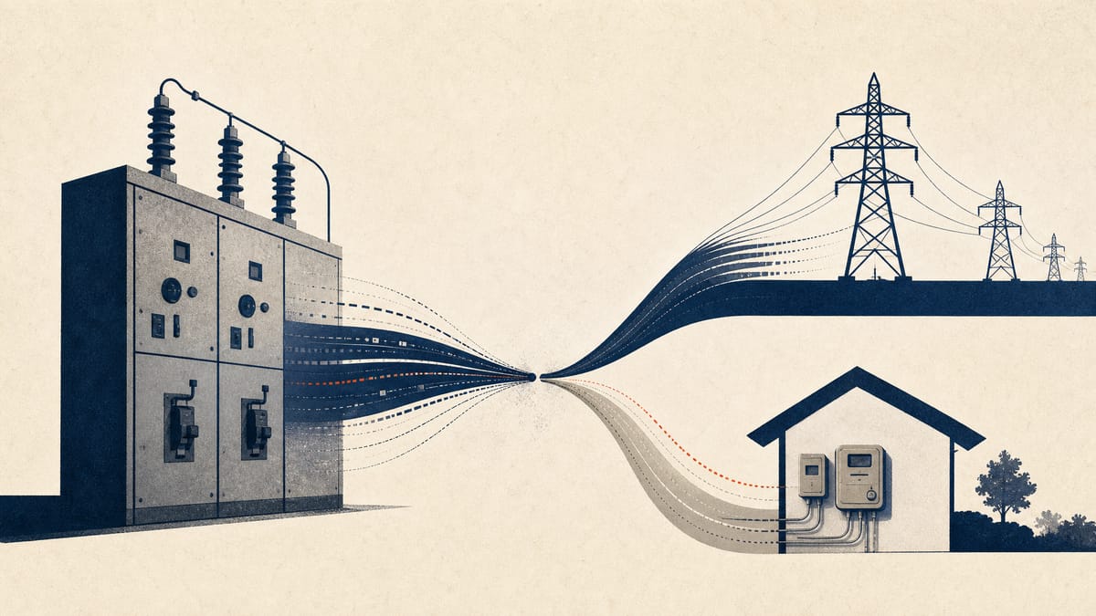 Editorial illustration of power meters and grid equipment with data lines showing growth across business and household electricity customers.