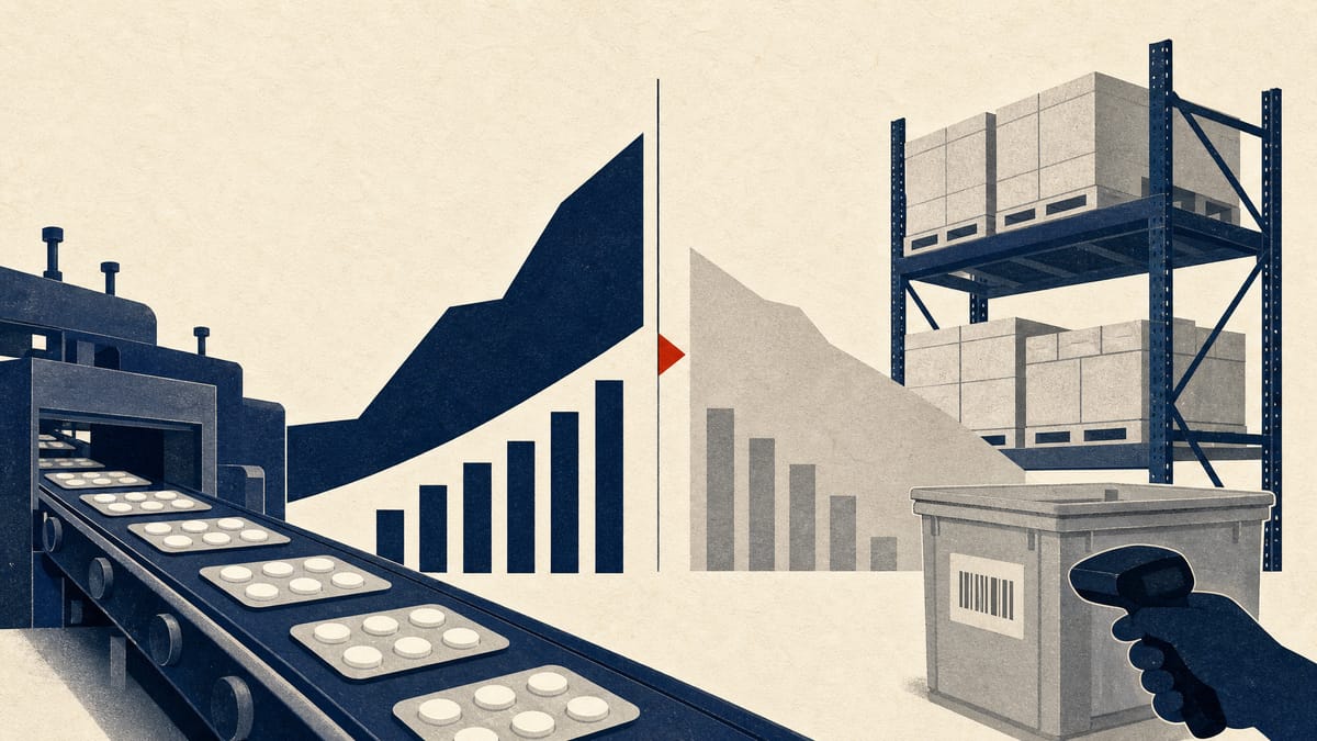 Illustration of a pharmaceutical production line and inventory racks with abstract financial overlays.