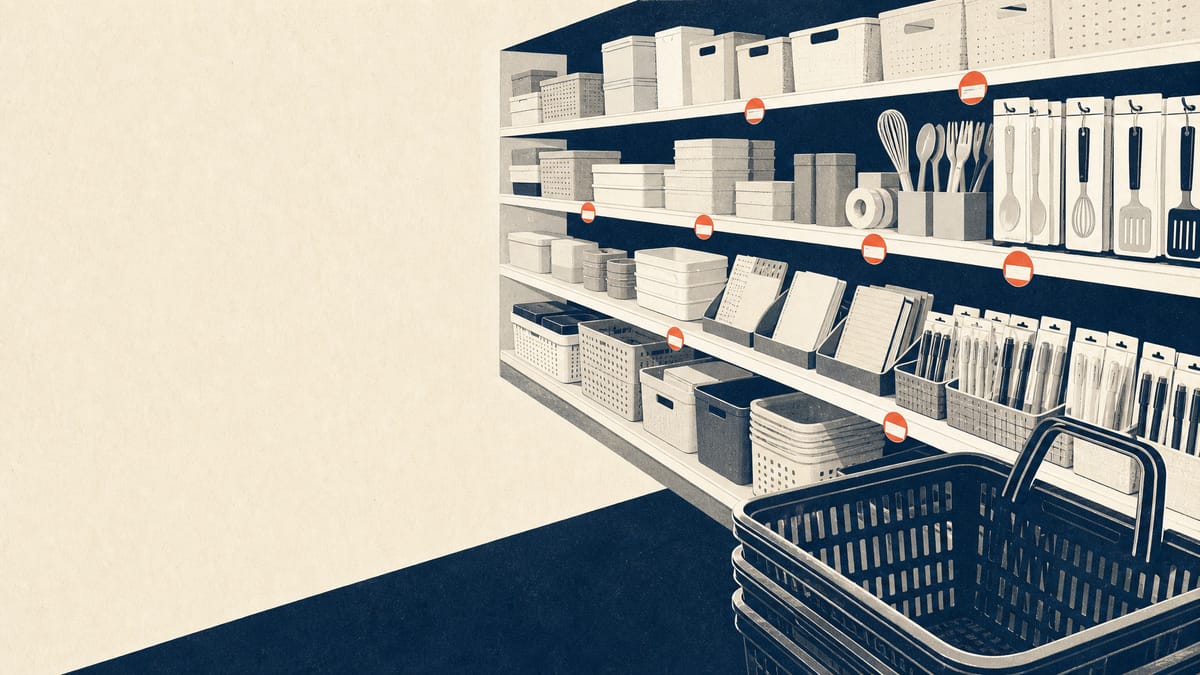 A fixed-price household goods store aisle with baskets and neatly arranged home goods.