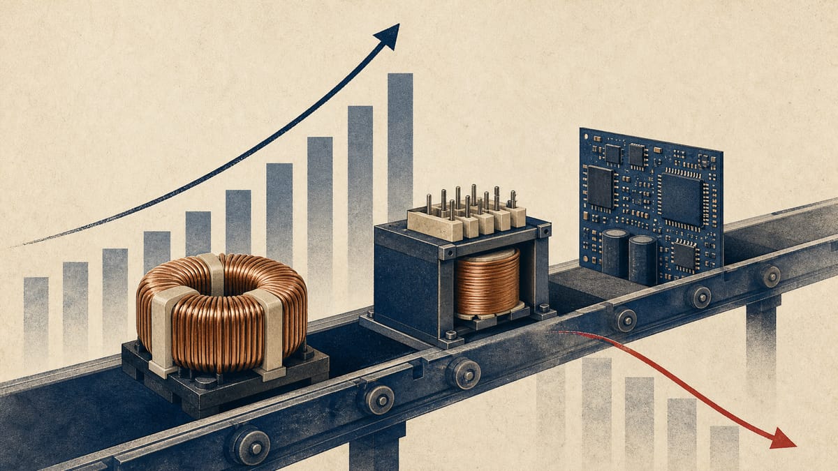 Illustration of electronic components moving along a factory line with rising sales bars and a falling profit curve.