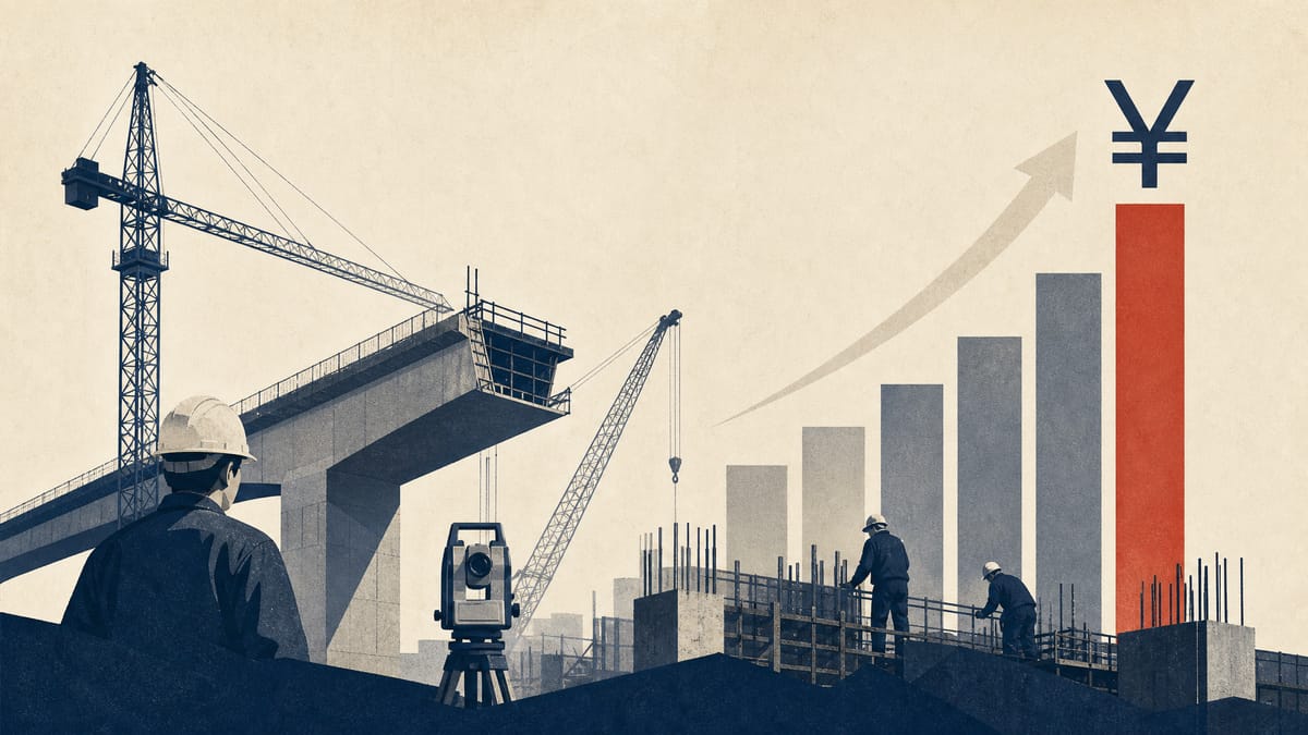 Editorial illustration of a major construction site with cranes and bridge work, symbolizing Tobishima's higher profit and dividend.