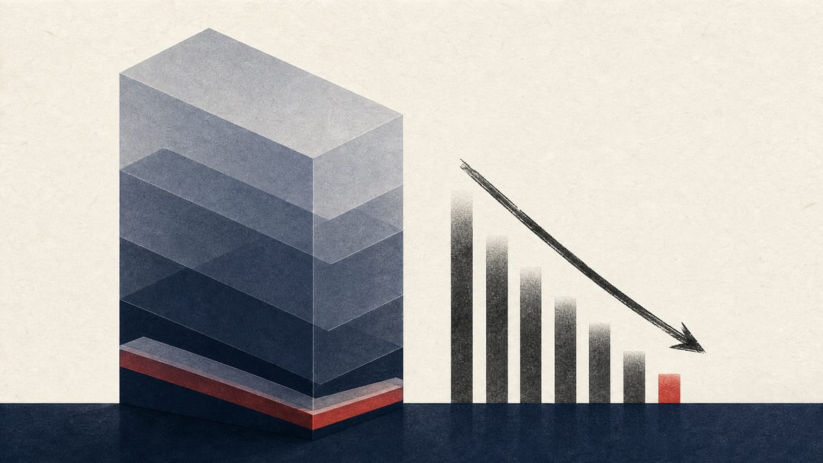 Abstract editorial illustration of a shrinking equity layer against larger asset blocks with yen ledger lines.