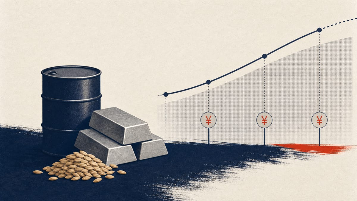 Abstract illustration of commodity futures curves with oil, metals and grains beside yen pricing elements.