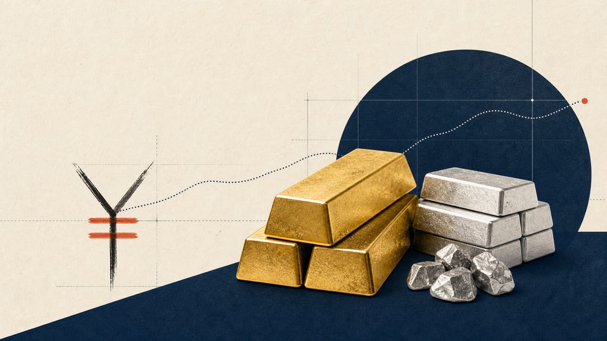 Editorial illustration of gold, silver and platinum metal bars with abstract valuation lines.