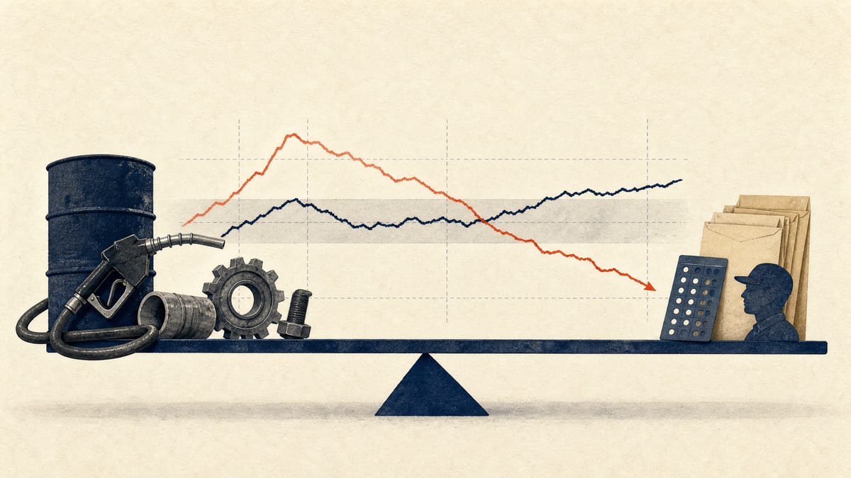 Abstract editorial image of yield and inflation lines pulled between oil-supply equipment and payroll objects.