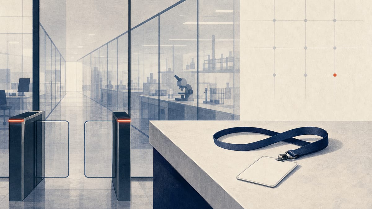 Editorial illustration of a biotech lab corridor with access-control gates and a blank staff badge.