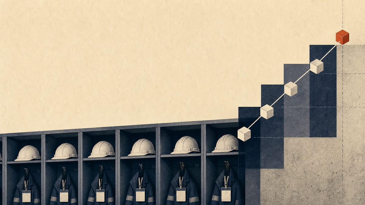 Editorial illustration of construction helmets and ID tags representing a broad employee share award at a contractor.