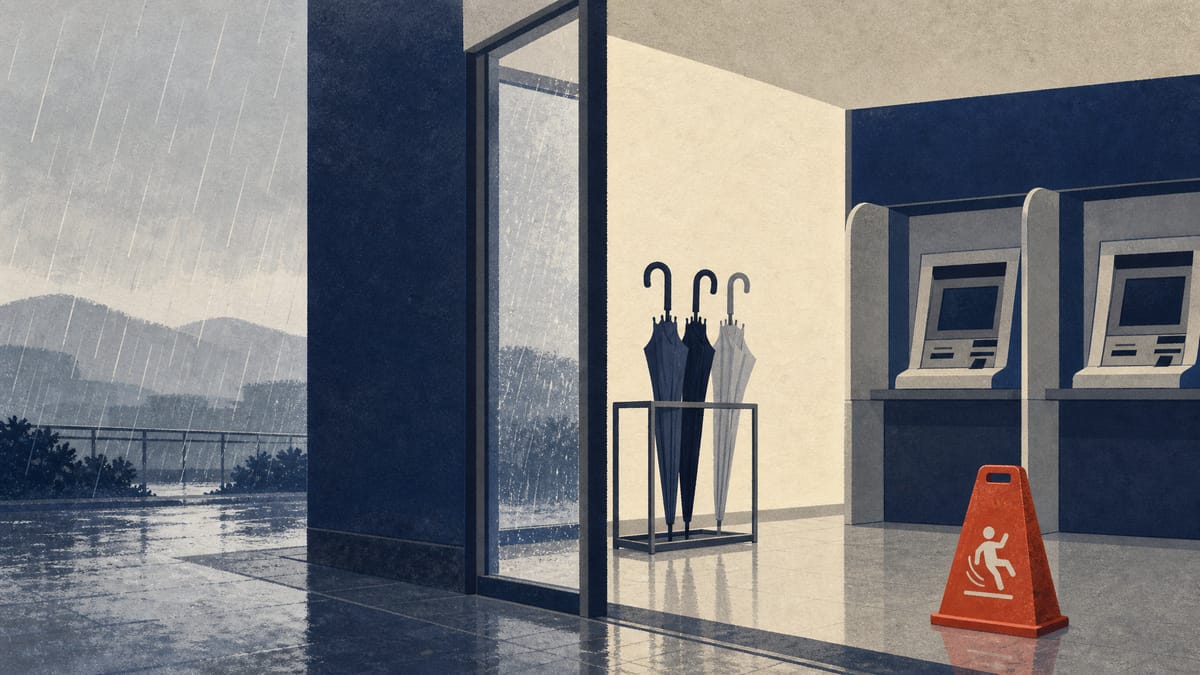 Editorial illustration of a bank entrance and ATM area in rainy conditions, suggesting disaster-related financial access.