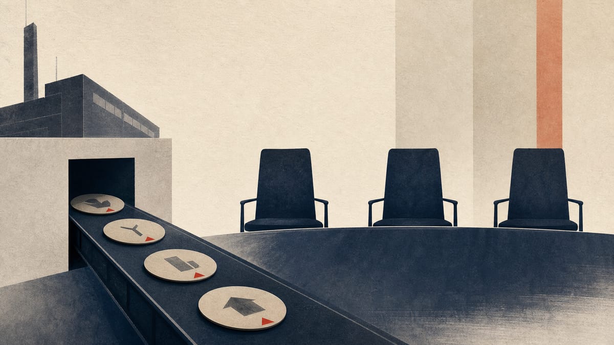 Editorial illustration of a corporate compliance checkpoint and three empty chairs representing an independent investigation panel.
