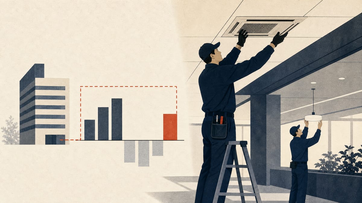 Editorial image of technicians maintaining systems inside a modern office property, with abstract budget-planning graphics.
