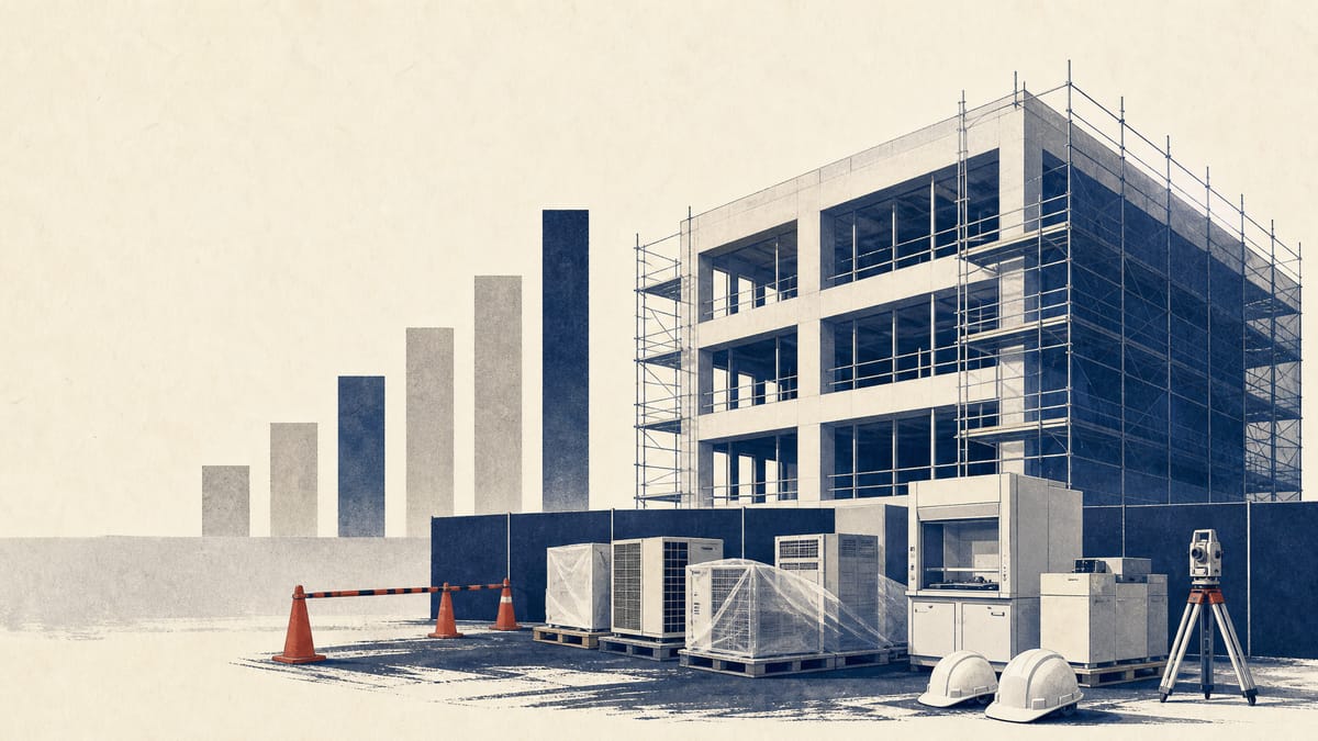 Editorial illustration of a university building under construction with equipment pallets and abstract rising cost bars.