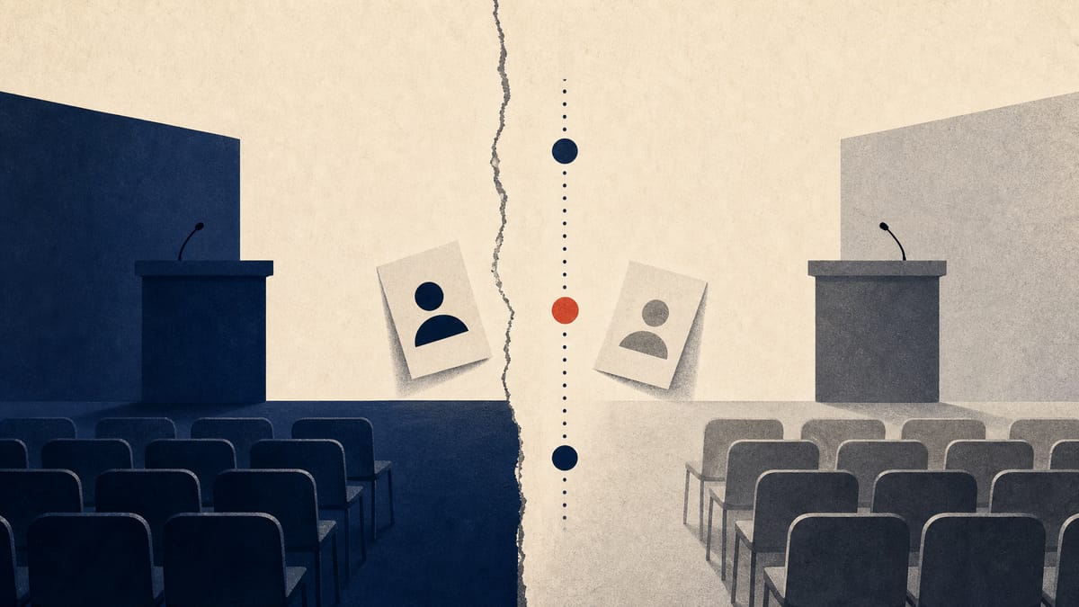 Editorial image of a shareholder meeting hall split into two sessions by abstract timeline markers and compliance checkpoints.