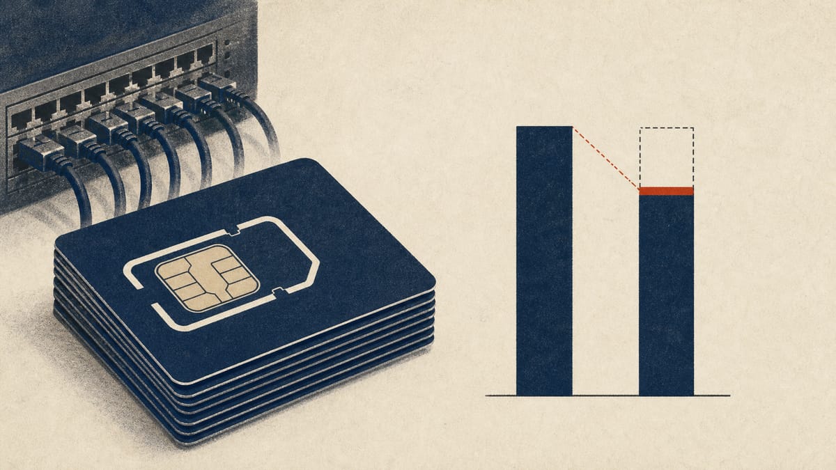 Abstract editorial image of telecom account reconciliation with one revenue bar adjusted downward.