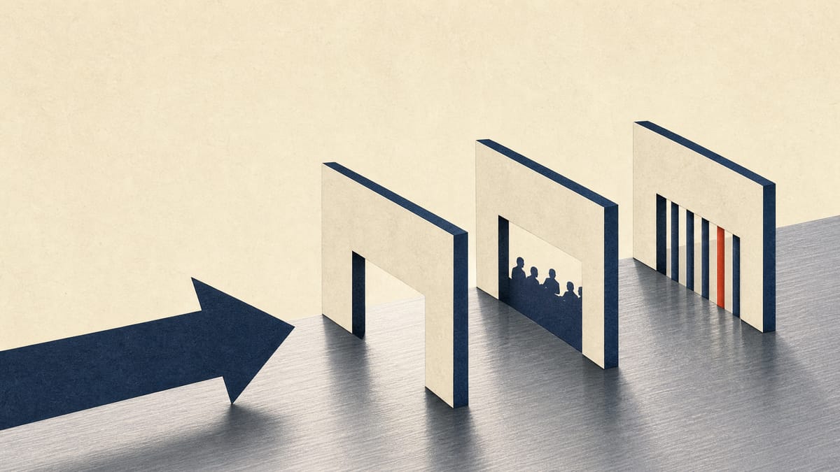 Abstract editorial illustration of an acquisition proposal moving through review checkpoints.