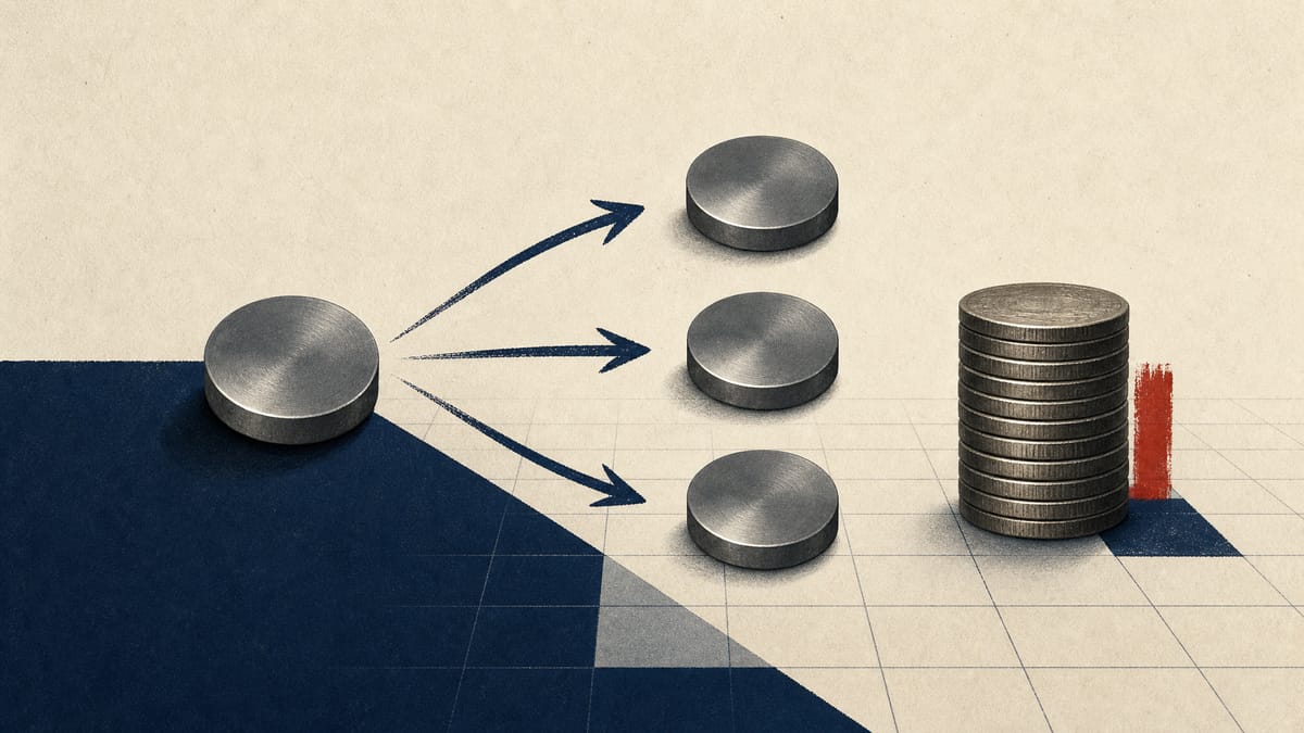Editorial illustration of one share token splitting into three beside a dividend stack with unchanged total value.