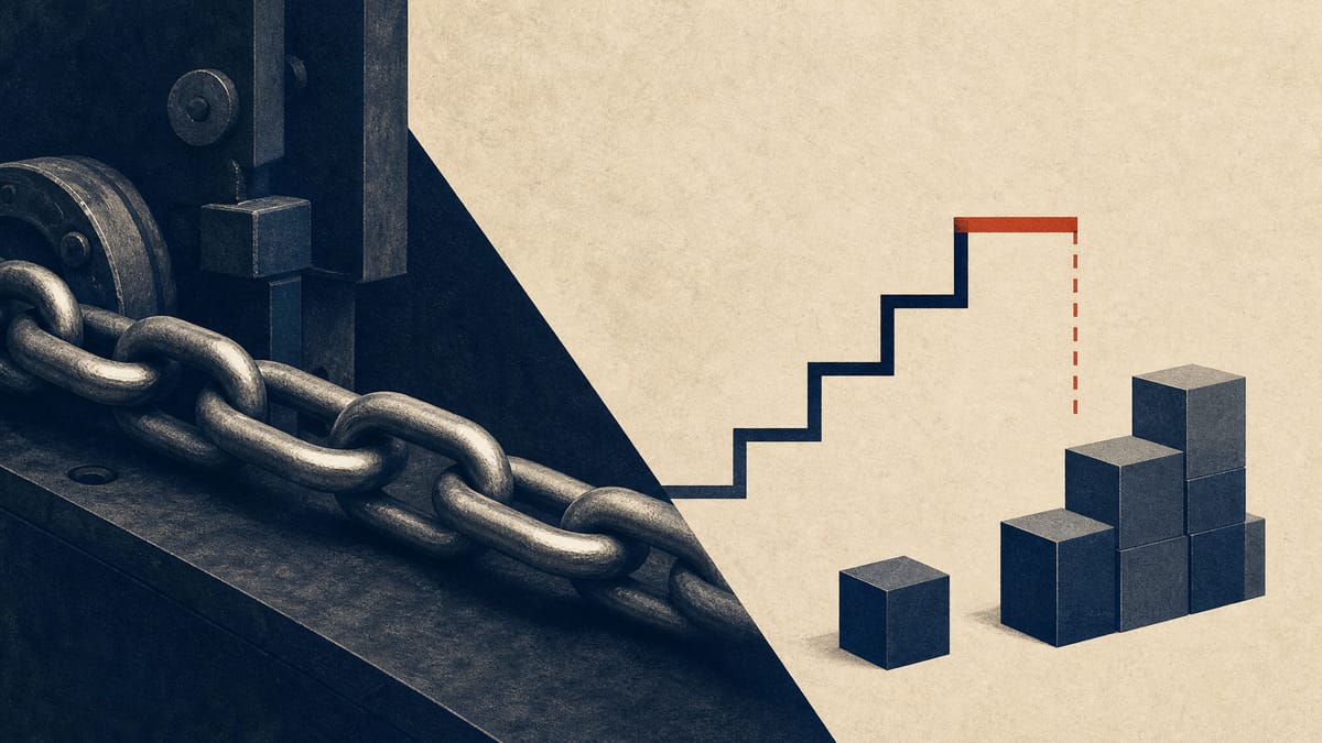 Editorial illustration of steel chain links beside abstract stock-option markers and a price-threshold indicator.