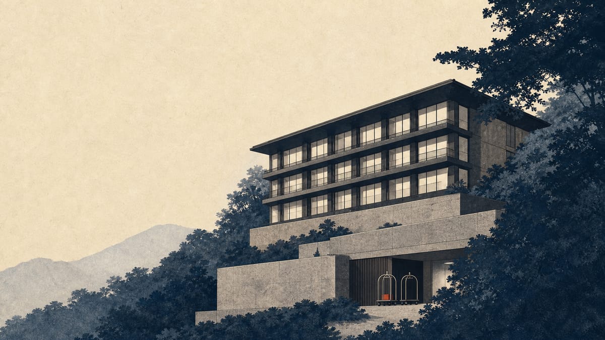 Illustration of a planned hillside hotel building in a wooded setting.